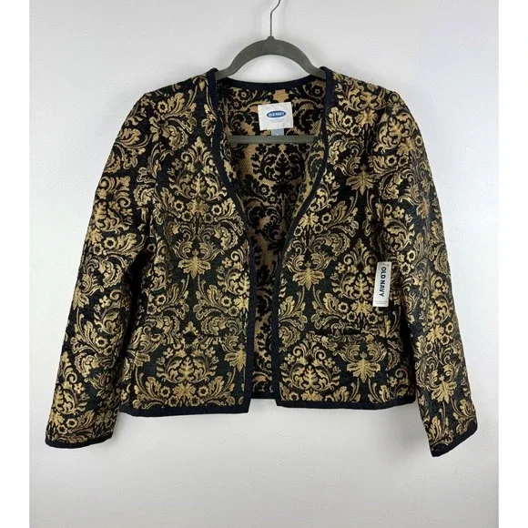 OLD NAVY Black Gold Brocade Jacquard Collarless Jacket Blazer‎ Women Size M - Picture 3 of 15